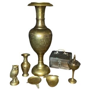 Vintage 19” Brass Vase, Figurines Mixed Lot Floral Etched Design Owl, Collection